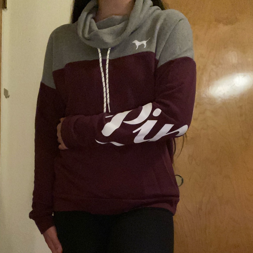 Soft Pink Grey and Maroon Cowl Neck Sweater